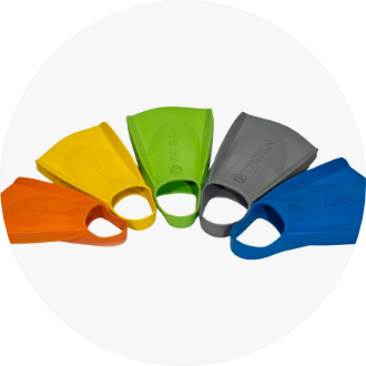 Colorful swim fins in orange, yellow, green, gray, and blue, arranged in a fan shape. Ideal for enhancing swim training and improving kick technique.