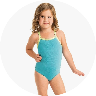 Child wearing a turquoise one-piece swimsuit with yellow straps. Ideal for swimming practice or recreational swimming.