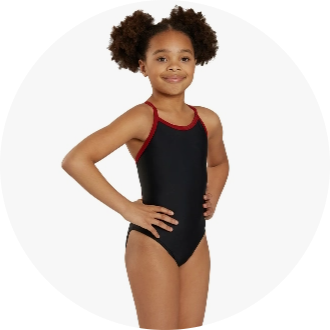 Young girl modeling a black one-piece swimsuit with red trim, ideal for swimming and water activities. The swimsuit features a comfortable fit and stylish design, perfect for young swimmers.