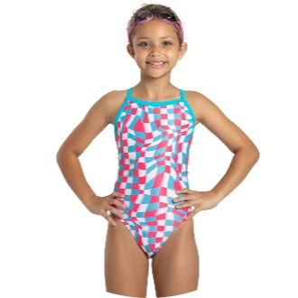 Girl wearing a colorful one-piece swimsuit with a geometric pattern in shades of pink, blue, and white. The swimsuit features a racerback design and teal trim, ideal for competitive swimming.