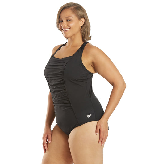 Speedo Womens Plus Solid Shirred Tank One Piece Swimsuit At