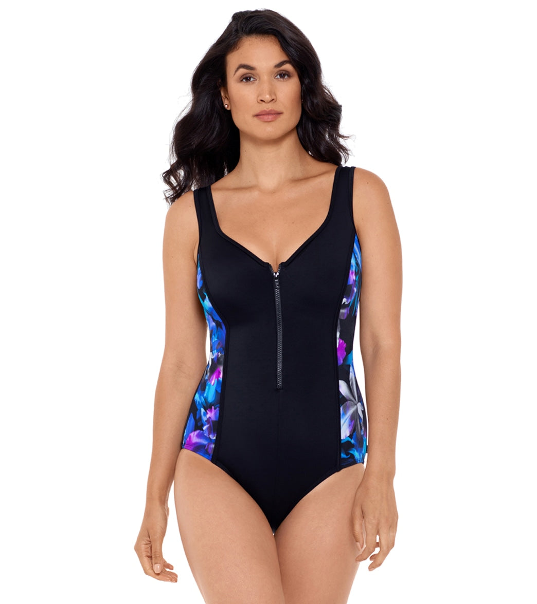 Reebok Women's Graphic Layers Zipper Tank Chlorine Resistant One Piece  Swimsuit at SwimOutlet.com