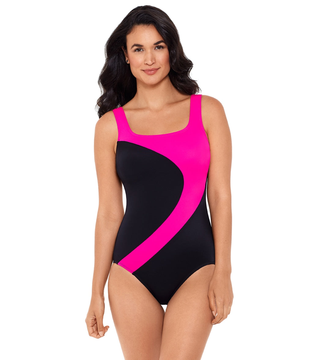 Reebok Women's Color Block Curved Tank Chlorine Resistant One Piece Swimsuit  at SwimOutlet.com