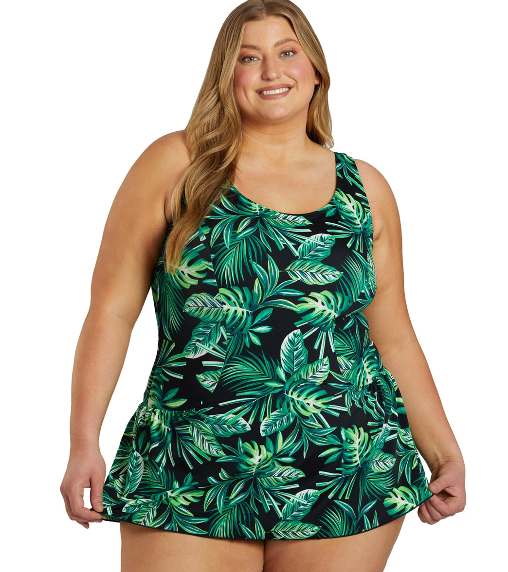 Sporti Plus Size Tropical Palm Leaf Swim Dress at SwimOutlet.com