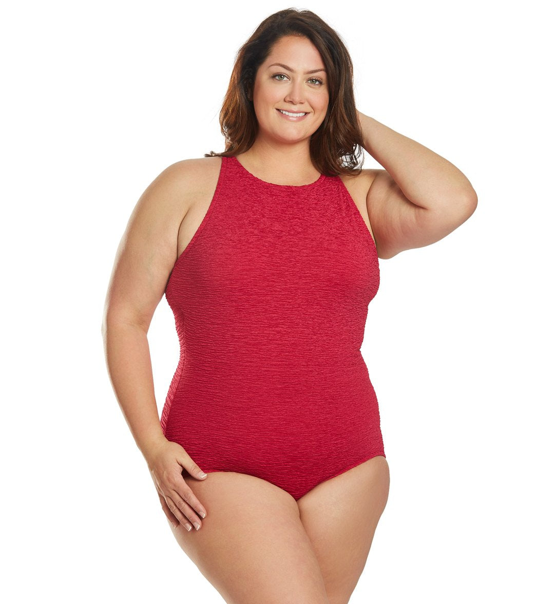 Penbrooke Krinkle Plus Size Chlorine Resistant High Neck One Piece Swimsuit  at SwimOutlet.com