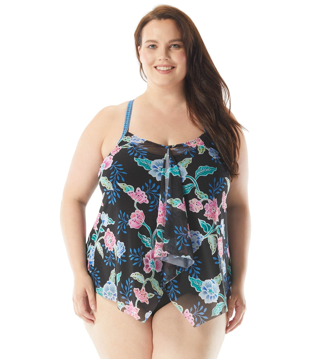 Beach House Women's Plus Size Floral Fantasy Kerry Mesh Layer Tankini Top  at