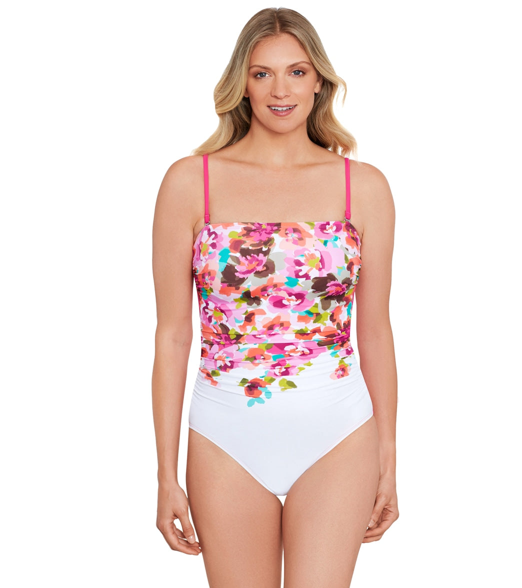 Shape Solver By Penbrooke Women's Border Floral Shirred Bandeau One Piece  Swimsuit at