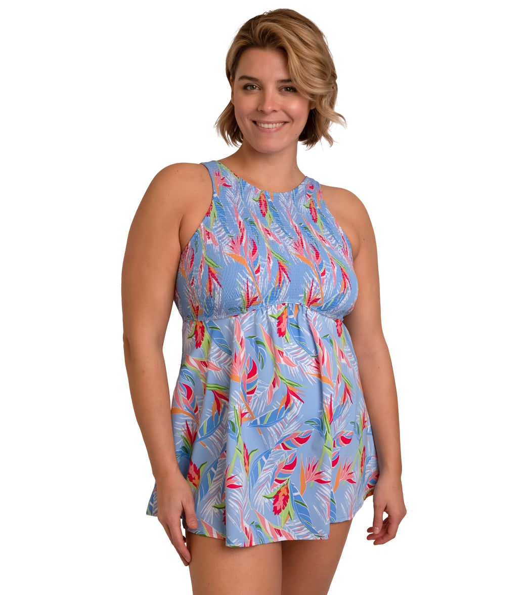 Fit4U Women's Plus Size Dawn Smocked High Neck Swim Dress at SwimOutlet.com