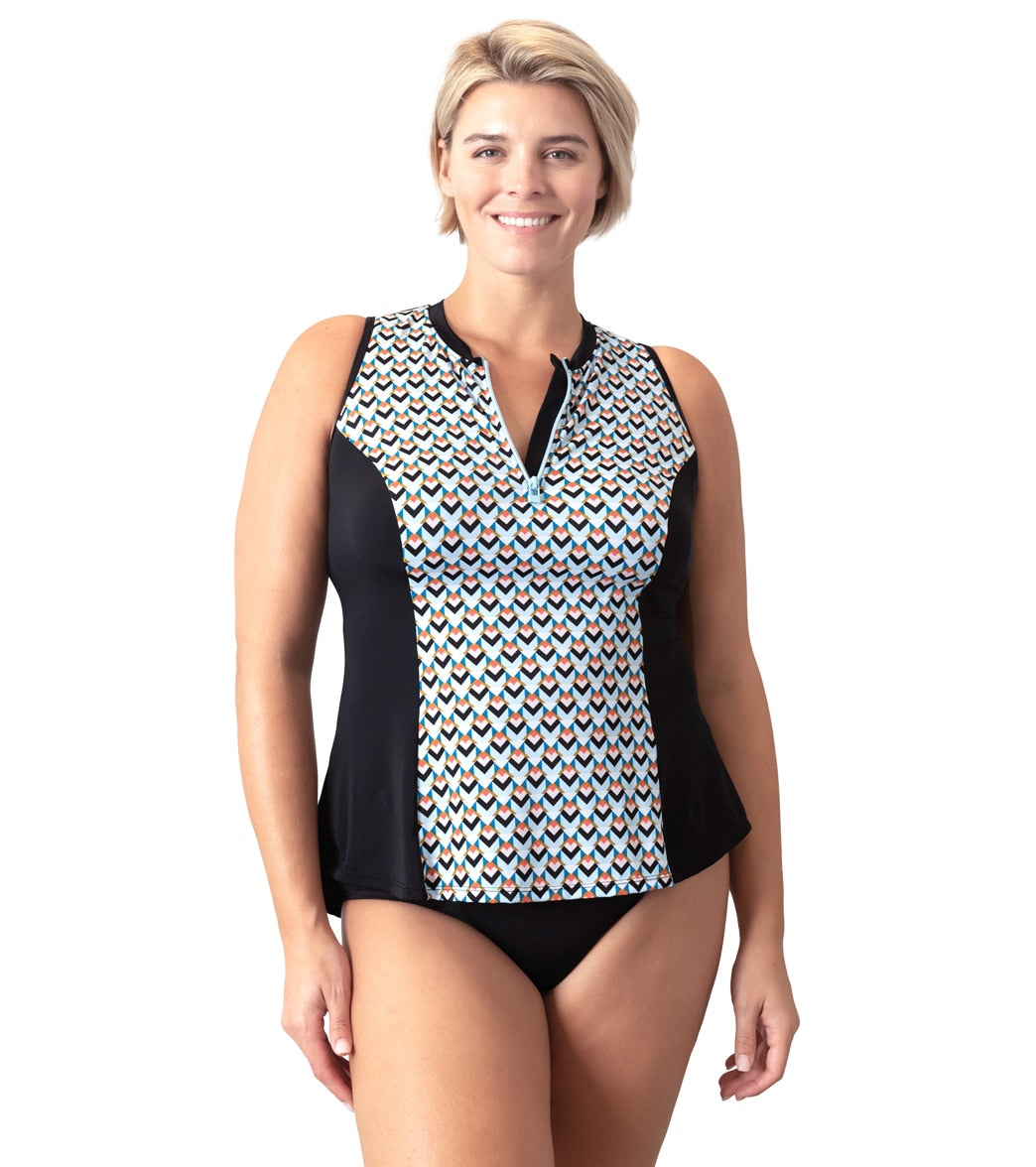 Fit4U Women's Plus Size Geomatic Zip Sleeveless Swim Shirt at SwimOutlet.com