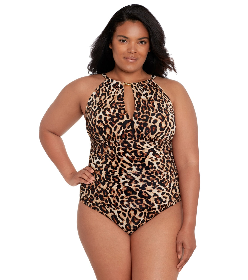 Lauren Ralph Lauren Women's Plus Size Leopard High Neck One Piece Swimsuit  at SwimOutlet.com